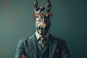 A playful and surreal depiction of a zebra head on a human body, wearing glasses and a fashionable suit