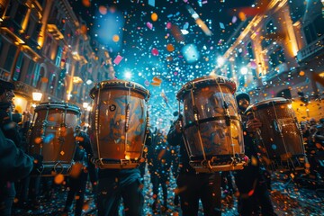 This dynamic nighttime image captures drummers leading a lively parade, surrounded by illuminated...