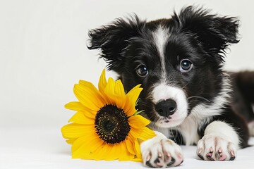 adorable border collie puppy with sunflower cute dog portrait on white background