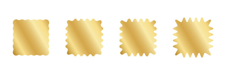 Set of golden square stickers with wavy borders. Shining gold labels, badges, price tags or coupons wiggly shapes isolated on white background. Vector illustration.