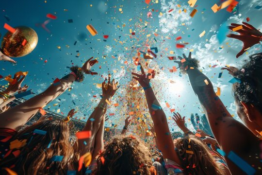 In this image, a festive crowd is immersed in celebration, hands reaching up towards the bright blue sky amid a shower of confetti and joy
