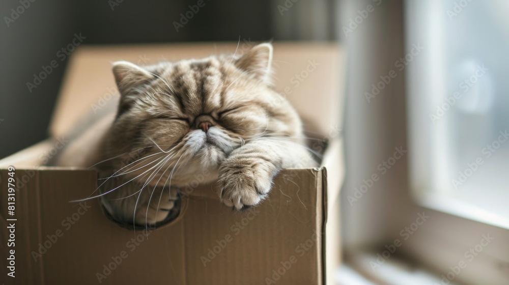 Poster An overweight Exotic Shorthair cat nestled snugly in a small box, its squishy face and round form creating an irresistibly cute sight.
