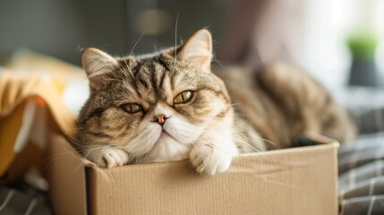 An overweight Exotic Shorthair cat nestled snugly in a small box, its squishy face and round form creating an irresistibly cute sight.