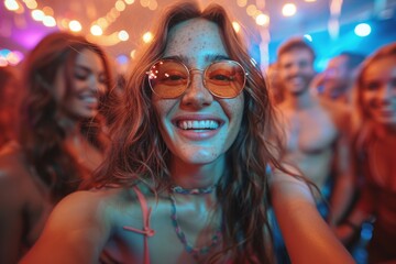Woman with stylish round sunglasses enjoys a colorful party atmosphere