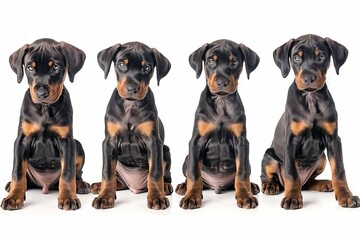 adorable doberman pinscher puppy in various poses isolated on white background