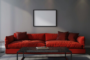 Bold modern design with a cardinal red sofa and a black granite coffee table under a framed mockup on a medium gray wall.