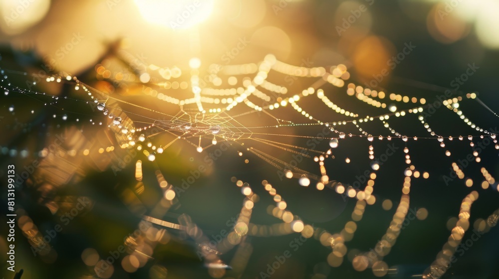 Poster Dewdrops clinging to the edges of a spider's web in the soft light of dawn, showcasing the delicate intricacies of nature's craftsmanship.