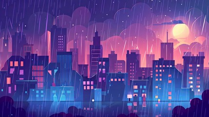 Rainy city town street scene cartoon concept drawing painting art wallpaper background