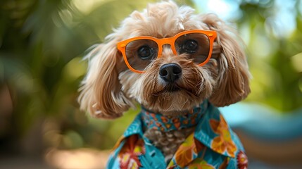 A dog wearing sunglasses and a Hawaiian shirt