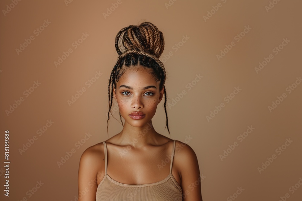 Wall mural young woman with high braided bun hairstyle on beige background. front view studio portrait. modern 