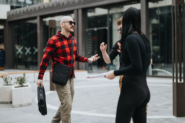 Two business associates engaging in a productive conversation outside a modern building, exchanging...