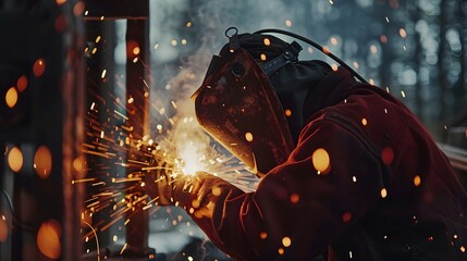 Welder with sparks flying, showcasing a skilled tradesperson working on a metal fabrication project wearing safety gear , welding industry concept