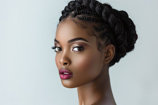Young woman with intricate cornrow braids gathered into a bun on a gray background. Side profile studio portrait. Creative hairstyle and elegance concept. Design for poster, banner.