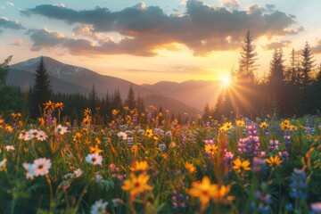 Sunset on a field of flowers in a mountain area. Generative AI.