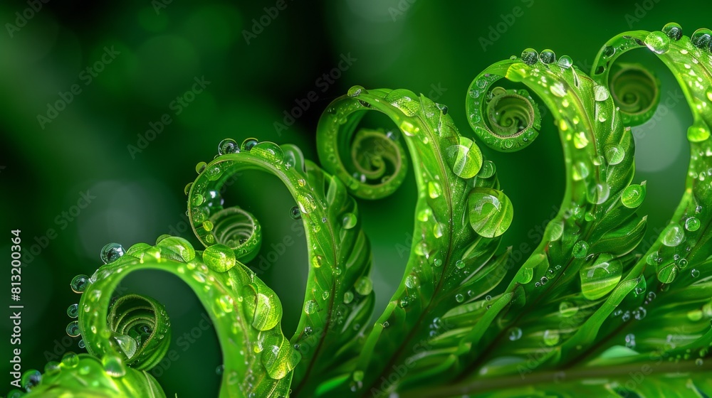 Poster Water droplets caught in the delicate curls of a fern frond, highlighting the intricate patterns and textures of nature.