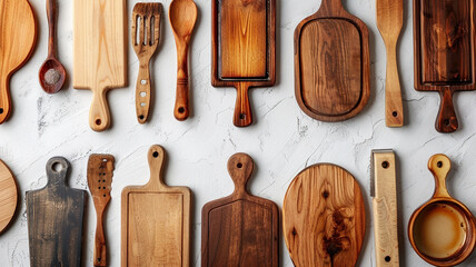 Set of wooden kitchen utensils on white background. top view generativa IA