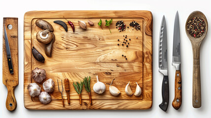 Wooden cutting board with spices, garlic, pepper and knife on white background
generativa IA