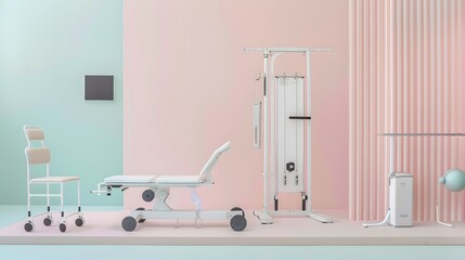 Witness the evolution of rehabilitation technology with AI-assisted physical therapy equipment on a tranquil pastel backdrop