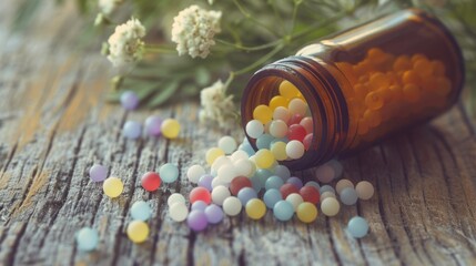 vibrant homeopathic remedies displayed on wooden background, representing natural health and alternative medicine practices