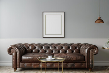 Luxurious living area with a chocolate brown leather sofa and a polished brass table under a framed...