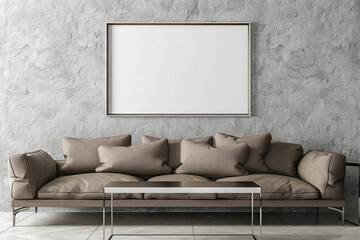 Minimalist and modern interior with a taupe sofa and a stainless steel table under a frame mockup on a gray textured wall.