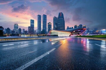 Asphalt road and city skyline with modern building at night in Suzhou, China - generative ai