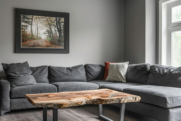 Modern and sleek setup with a charcoal grey sectional sofa and a rustic wooden table, featuring a frame mockup on a matching gray wall.