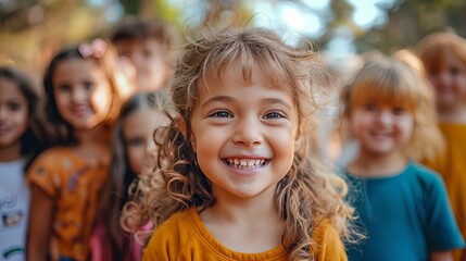 Fototapeta premium Smiling child standing among friends outdoors.