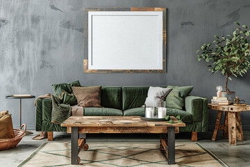 Modern rustic decor with a hunter green sofa and a reclaimed wood coffee table under a framed mockup on a gray wall.