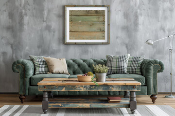 Modern rustic decor with a hunter green sofa and a reclaimed wood coffee table under a framed mockup on a gray wall.