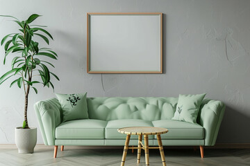Refreshing decor with a mint green sofa and a bamboo coffee table under a framed mockup on a cool...