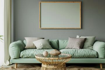 Refreshing decor with a mint green sofa and a bamboo coffee table under a framed mockup on a cool gray wall.