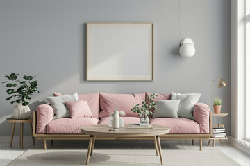 Scandinavian style interior with a soft pink sofa and a light oak coffee table under a framed mockup on a neutral gray wall.