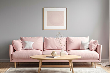 Scandinavian style interior with a soft pink sofa and a light oak coffee table under a framed mockup on a neutral gray wall.