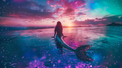 beautiful mermaid sunset , magical woman, fairy tale and magical creature