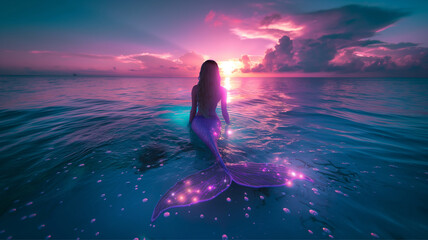 beautiful mermaid swimming underwater with light shining through the water surface, magical woman, fairy tale and magical creature