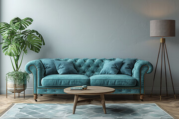 Elegant Vintage-Inspired Living Room with Teal Tufted Sofa and Modern Accents