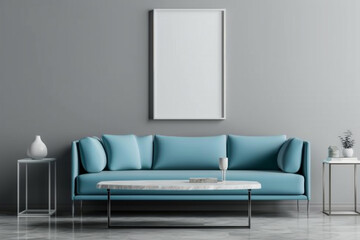 Sleek and modern home design with an electric blue sofa and a quartz table, accented by a frame mockup on a gray backdrop.