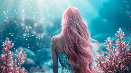 Back view beautiful mermaid with pink hair swimming underwater with light shining through the water surface, magical woman, fairy tale and magical creature