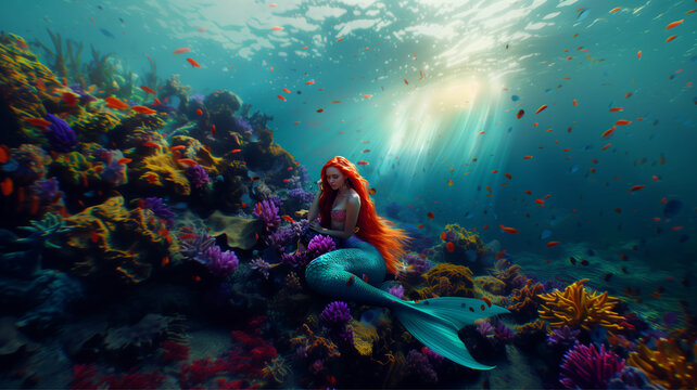 beautiful mermaid swimming underwater with light shining through the water surface, magical woman, fairy tale and magical creature