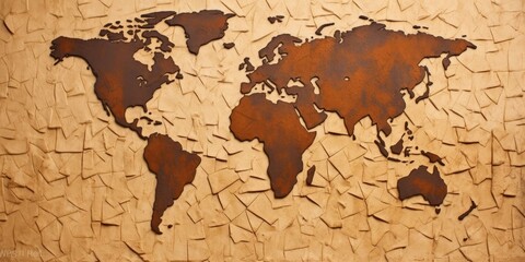 World map in cracked dry soil texture on orange or brown background. Environmental change and global warming concept. Design for climate awareness, earth conservation, geography education. AIG35.
