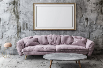 Trendy home setting with a lavender sofa and a slate coffee table, highlighted by a realistic frame...