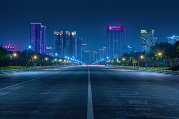 Fototapeta na wymiar Asphalt road and city skyline with modern building at night in Suzhou, China - generative ai