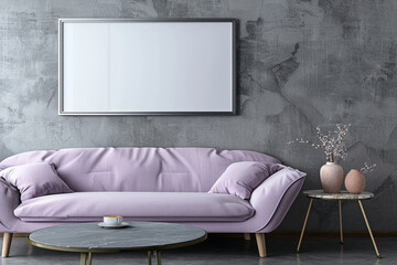 Trendy home setting with a lavender sofa and a slate coffee table, highlighted by a realistic frame mockup on a gray wall.