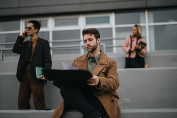 Focused businesspeople using phones and reading documents on urban steps, depicting connectivity...