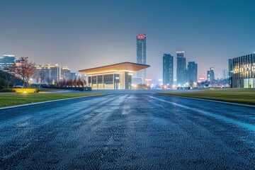 Asphalt road and city skyline with modern building at night in Suzhou, China - generative ai