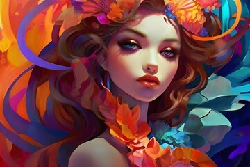 Fototapeta premium Intense Beauty: Captivating Colors Surrounding a Charming Girl, AI-generated painting of stunning girl. The Charming Girl in a Palette of Intense Colors