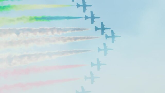 Tricolor Arrows Planes acrobatic making Italian national flag with smoke