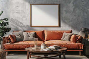 Warm and inviting living space with a terracotta sofa and a mahogany coffee table, featuring a frame mockup on a gray wall.