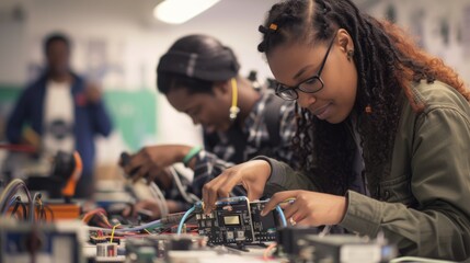 Young engineering students collaborate on an electronics project in a technology lab, soldering circuit boards and sharing ideas. AIG41